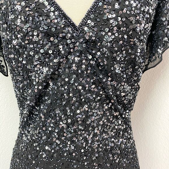 Vintage Black Bead Sequin Maxi Evening Dress Size 6 Formal Party Glam Goth Noir - Picture 5 of 13